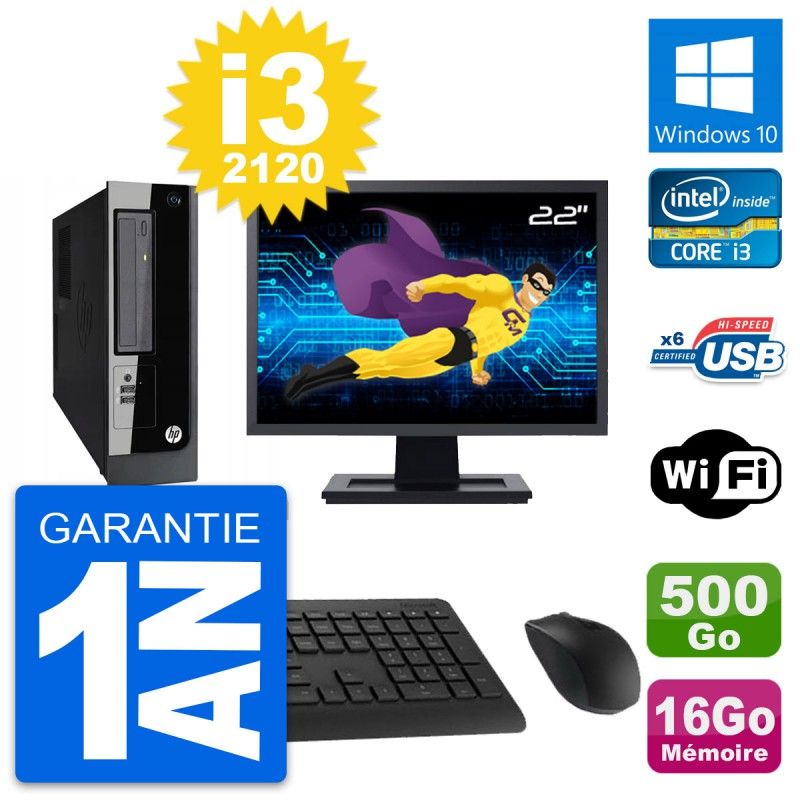 HP Pro 3300 SFF Desktop Computer, 22" Screen, Intel i3-2120, 16GB RAM, 500GB HDD, Windows 10, WiFi