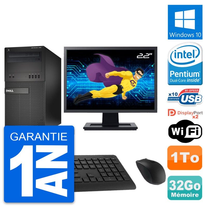 Dell OptiPlex XE2 MT Desktop Computer, 22" Screen, Pentium G3220, 32GB RAM, 1TB HDD, Windows 10, WiFi