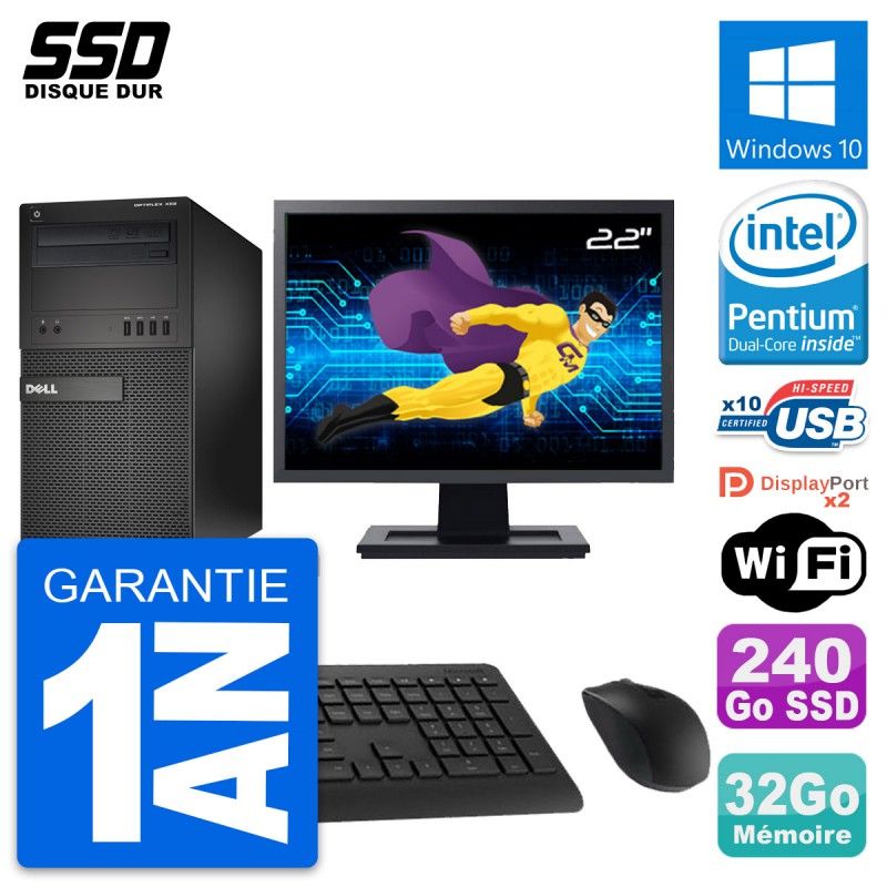 Dell OptiPlex XE2 MT Desktop Computer, 22" Screen, Pentium G3220, 32GB RAM, 240GB SSD, Windows 10, WiFi