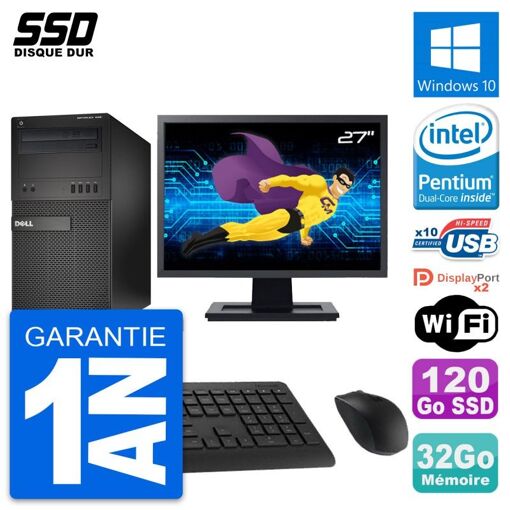 Dell OptiPlex XE2 MT Desktop Computer, 27" Screen, Pentium G3220, 32GB RAM, 120GB SSD, Windows 10, Wi-Fi