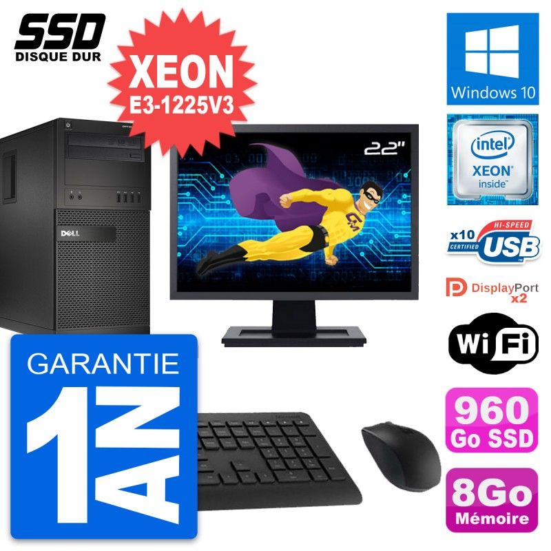 Dell OptiPlex XE2 MT Desktop Computer, 22" Screen, Intel Xeon E3-1225 V3, 8GB RAM, 960GB SSD, Windows 10, WiFi