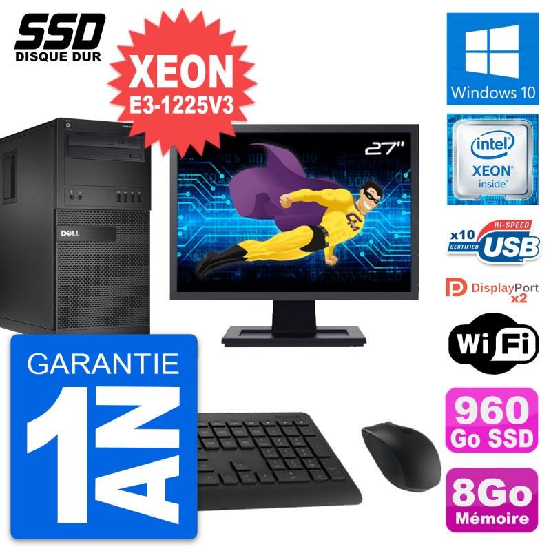 Dell OptiPlex XE2 MT Desktop Computer, 27" Screen, Intel Xeon E3-1225 V3, 8GB RAM, 960GB SSD, Windows 10, WiFi