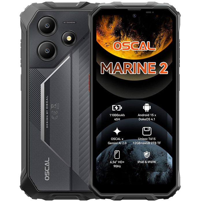 Blackview Oscal MARINE 2 - Rugged Phone, 12GB RAM, 64GB Storage, 6.56' 90Hz Screen, AI Camera, 11000mAh Battery, Android 15, Dual SIM, 4G GPS - Black