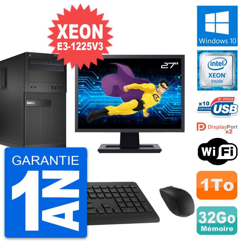 Dell OptiPlex XE2 MT Desktop Computer, 27" Screen, Xeon E3-1225V3, 32GB RAM, 1TB Hard Drive, Windows 10, Wi-Fi