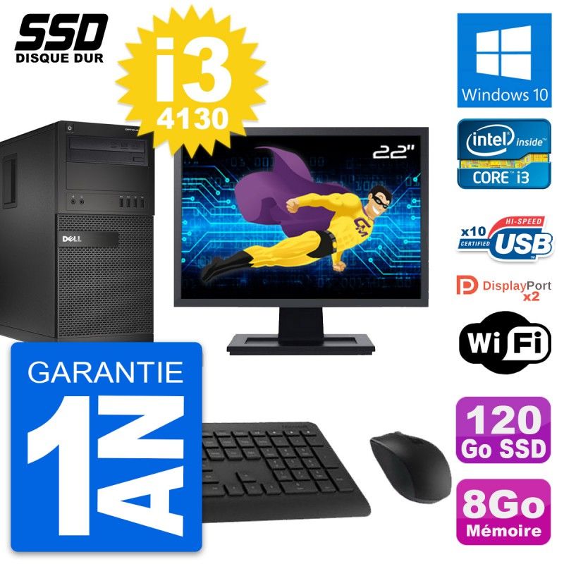 Dell OptiPlex XE2 MT Desktop Computer, 22" Screen, Intel i3-4130, 8GB RAM, 120GB SSD, Windows 10, Wifi