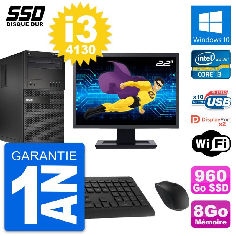 Dell OptiPlex XE2 MT Desktop Computer, 22" Screen, Intel i3-4130, 8GB RAM, 960GB SSD, Windows 10, WiFi