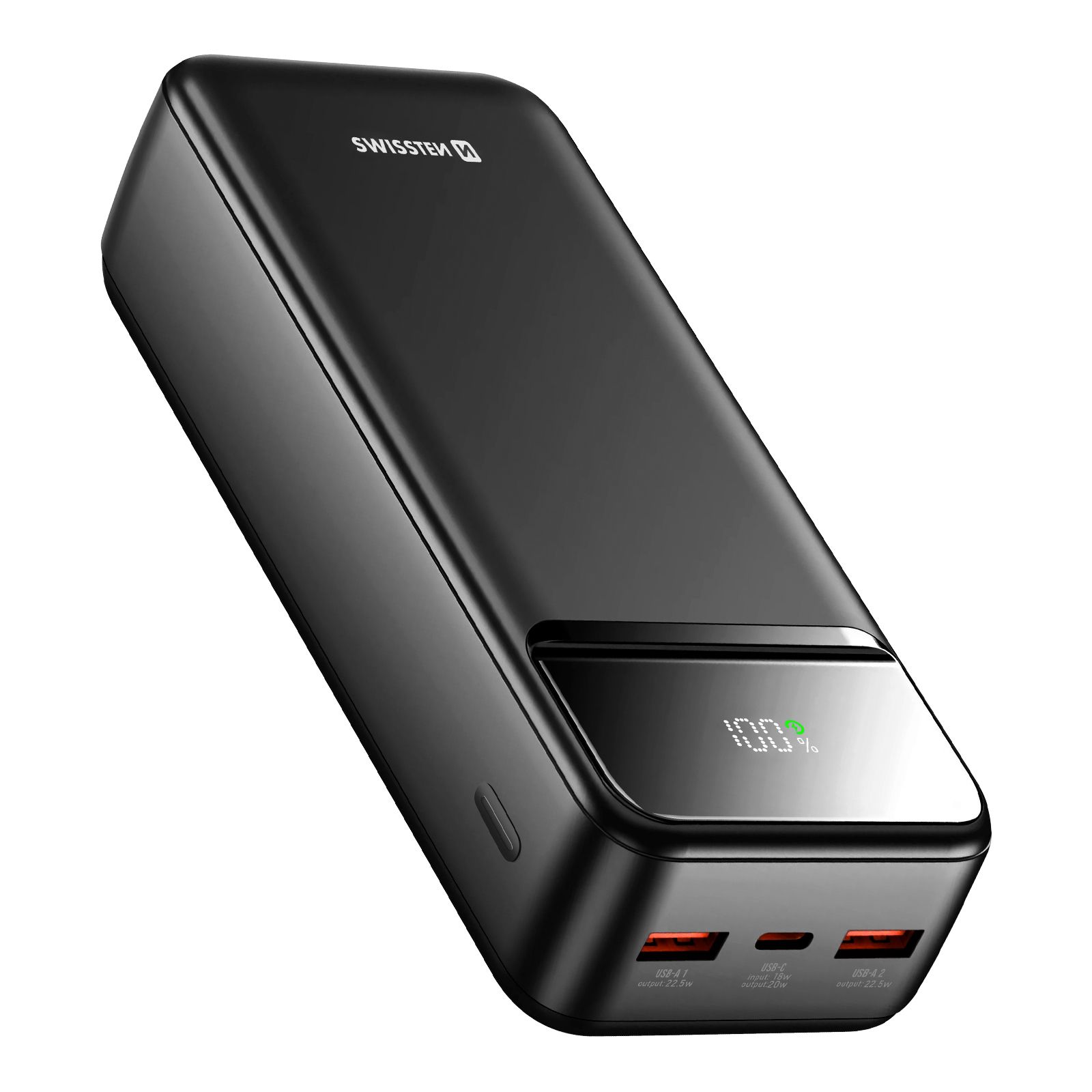 Batería externa Swissten de 30000 mAh con USB-C y 2 USB, pantalla LED compacta