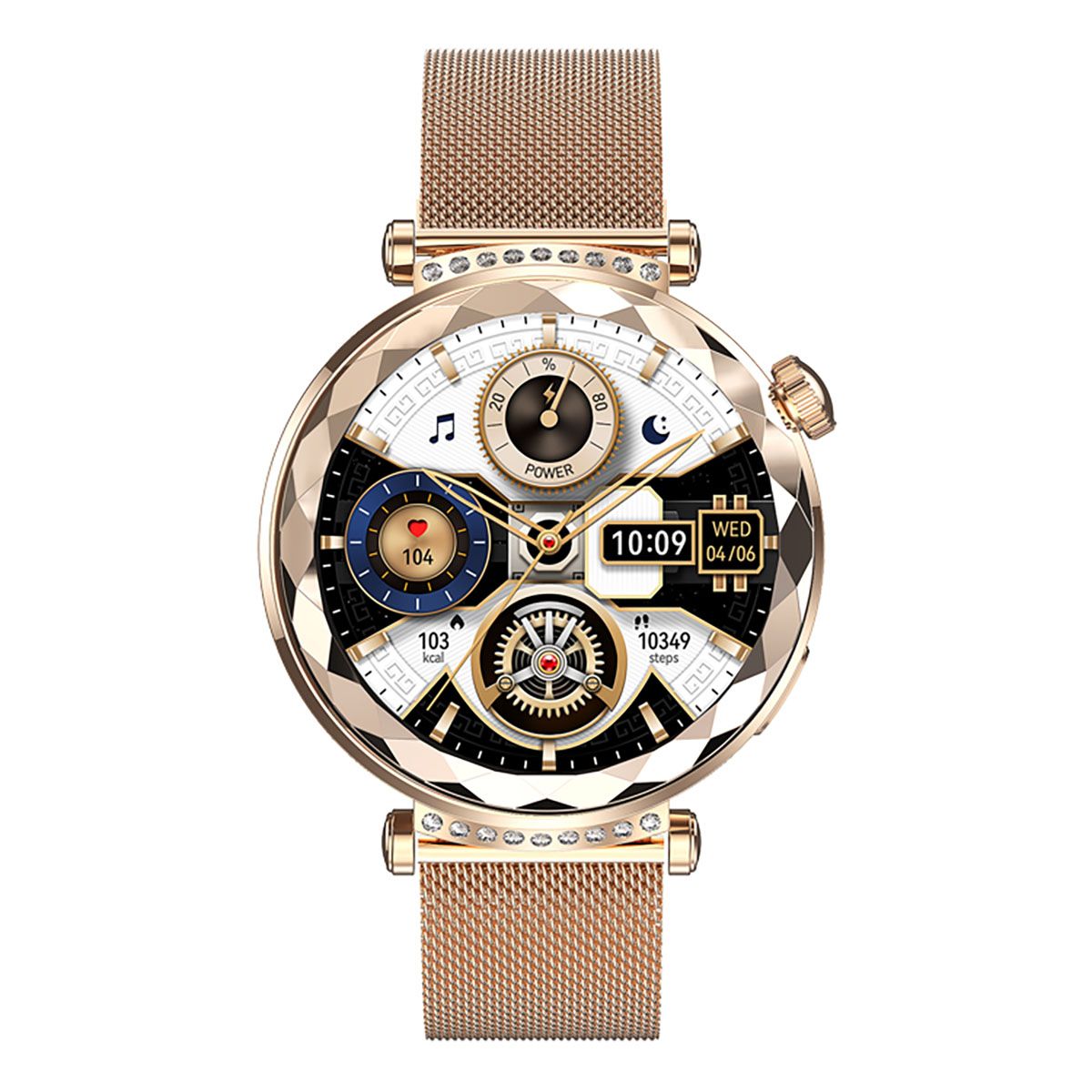 Avizar Crystal Smartwatch with Strass Dial, Health Tracking, Golden