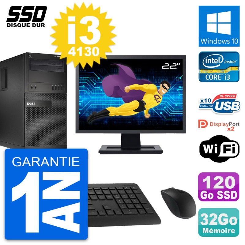 Dell OptiPlex XE2 MT Desktop Computer, 22" Screen, Intel i3-4130, 32GB RAM, 120GB SSD, Windows 10, Wifi