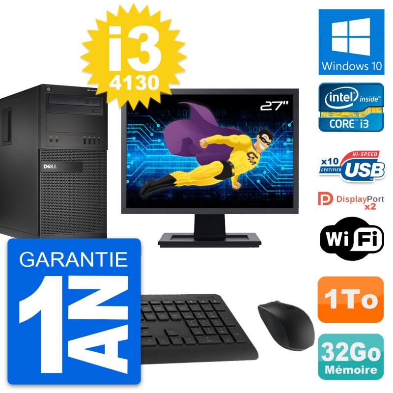 Dell OptiPlex XE2 MT Desktop Computer, 27" Screen, Intel i3-4130, 32GB RAM, 1TB HDD, Windows 10, WiFi