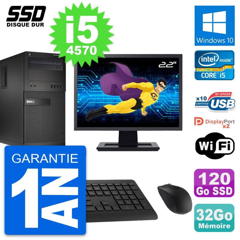 Dell OptiPlex XE2 MT Desktop Computer, 22" Screen, Intel i5-4570, 32GB RAM, 120GB SSD, Windows 10, WiFi