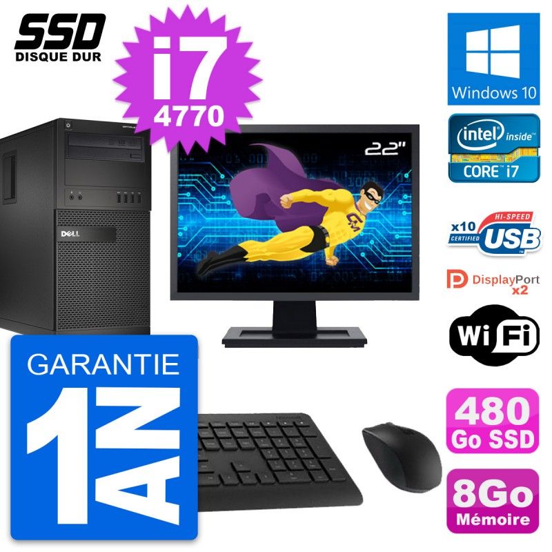 Dell OptiPlex XE2 MT Desktop Computer, 22" Screen, Intel i7-4770, 8GB RAM, 480GB SSD, Windows 10, WiFi