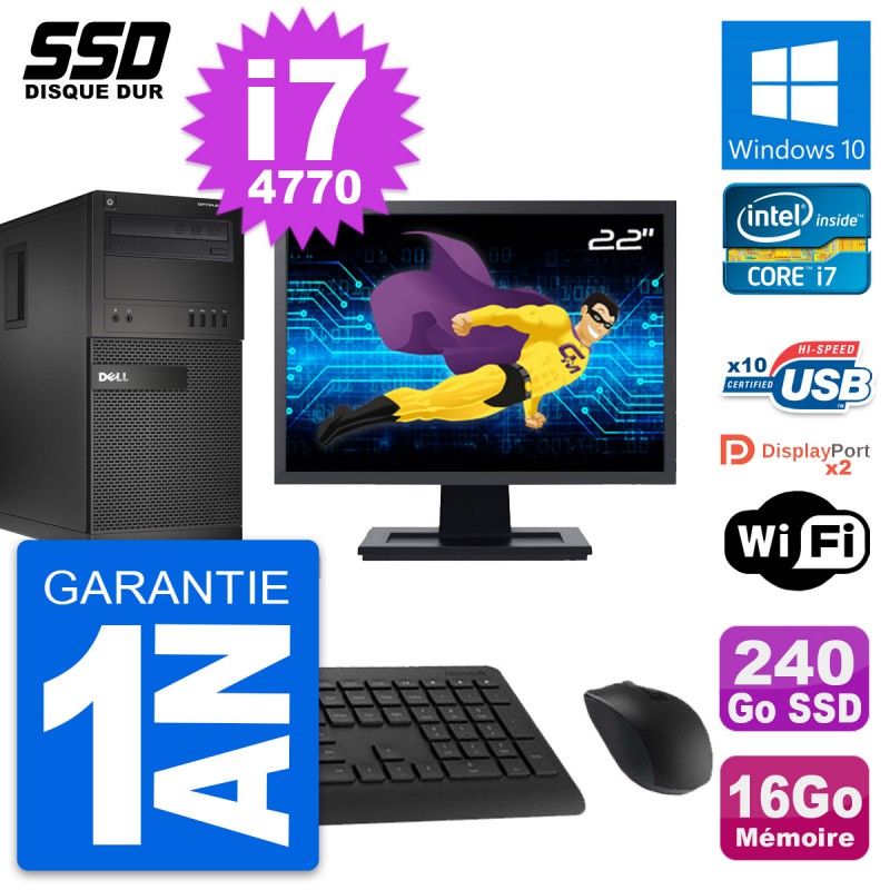 Dell OptiPlex XE2 MT Desktop Computer, 22" Screen, Intel i7-4770, 16GB RAM, 240GB SSD, Windows 10, WiFi
