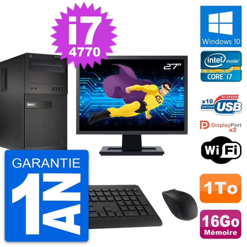 Dell OptiPlex XE2 MT Desktop Computer, 27" Screen, Intel i7-4770, 16GB RAM, 1TB HDD, Windows 10, WiFi