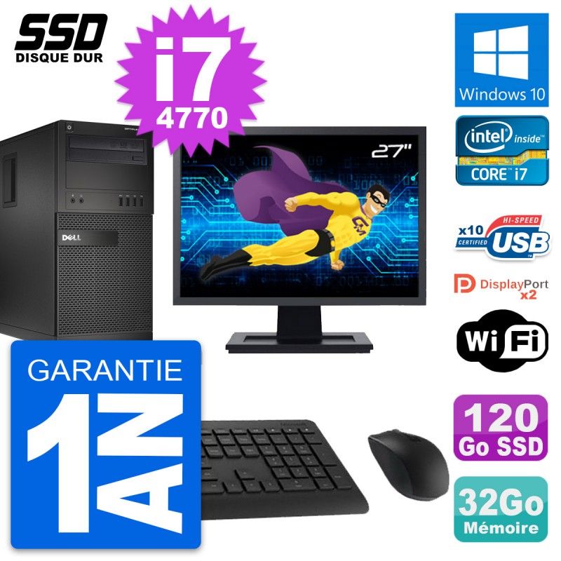 Dell OptiPlex XE2 MT Desktop PC - 27" Screen, Intel i7-4770, 32GB RAM, 120GB SSD, Windows 10, Wifi