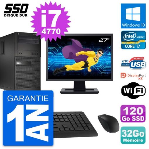 Dell OptiPlex XE2 MT Desktop PC - 27" Screen, Intel i7-4770, 32GB RAM, 120GB SSD, Windows 10, Wifi