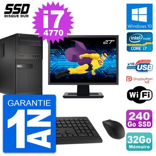 Dell OptiPlex XE2 MT Desktop Computer, 27" Screen, Intel i7-4770, 32GB RAM, 240GB SSD, Windows 10, Wifi