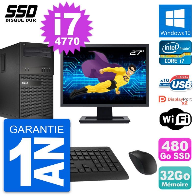 Dell OptiPlex XE2 MT Desktop Computer, 27" Screen, Intel i7-4770, 32GB RAM, 480GB SSD, Windows 10, WiFi
