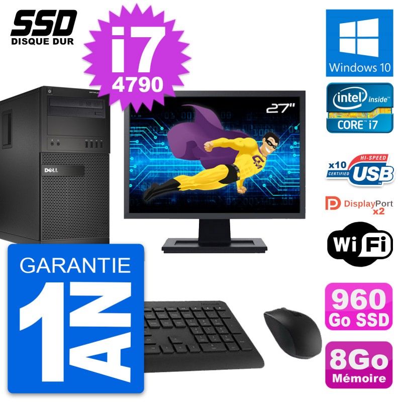 Dell OptiPlex XE2 MT Desktop Computer, 27" Screen, Intel i7-4790, 8GB RAM, 960GB SSD, Windows 10, WiFi