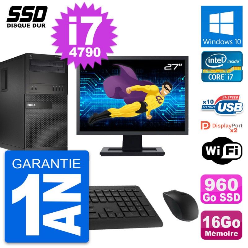 Dell OptiPlex XE2 MT Desktop Computer, 27" Screen, Intel i7-4790, 16GB RAM, 960GB SSD, Windows 10, WiFi