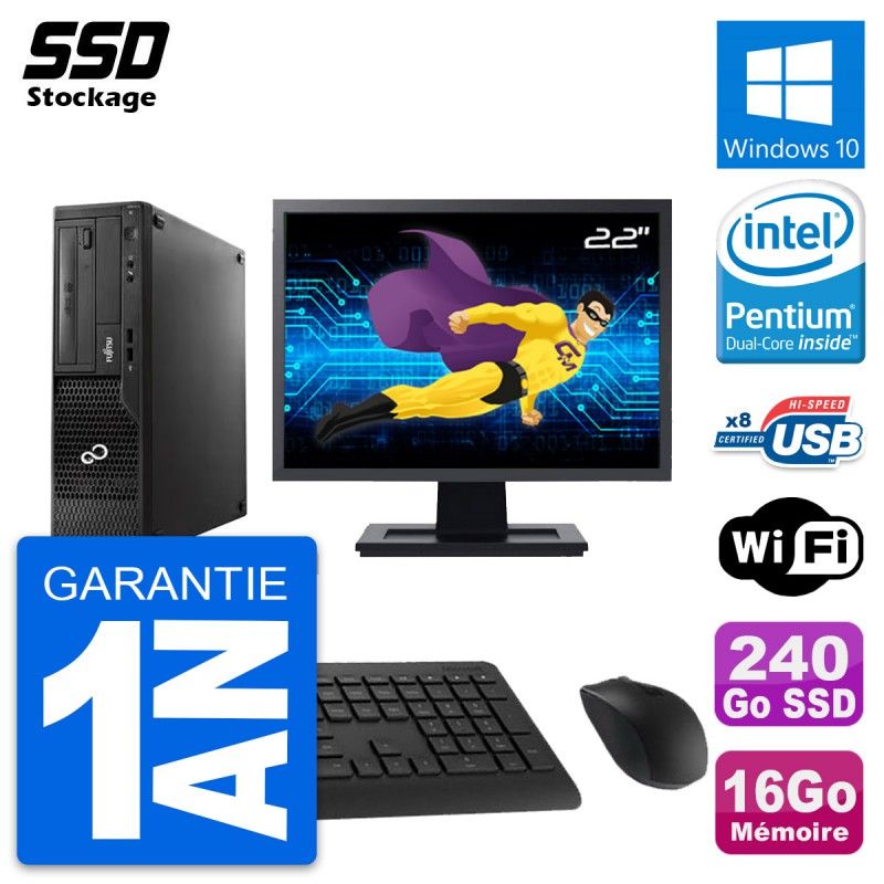 Fujitsu E510 DT 22-inch Screen, Pentium G2020, 16GB RAM, 240GB SSD, Windows 10, WiFi