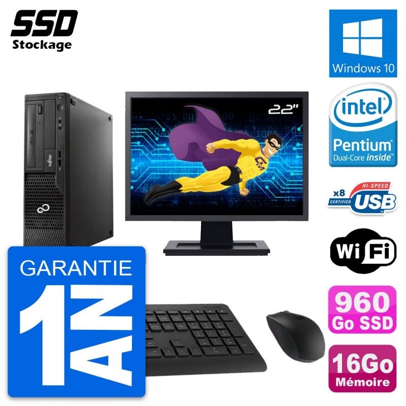 Fujitsu E510 DT 22-inch Screen, Pentium G2020, 16GB RAM, 960GB SSD, Windows 10, WiFi