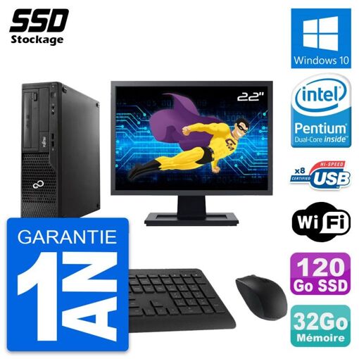 PC de escritorio Fujitsu E510 con pantalla de 22 pulgadas, procesador Intel Pentium Dual-Core G2020, 32GB de RAM, 120GB SSD, Windows 10 y Wi-Fi