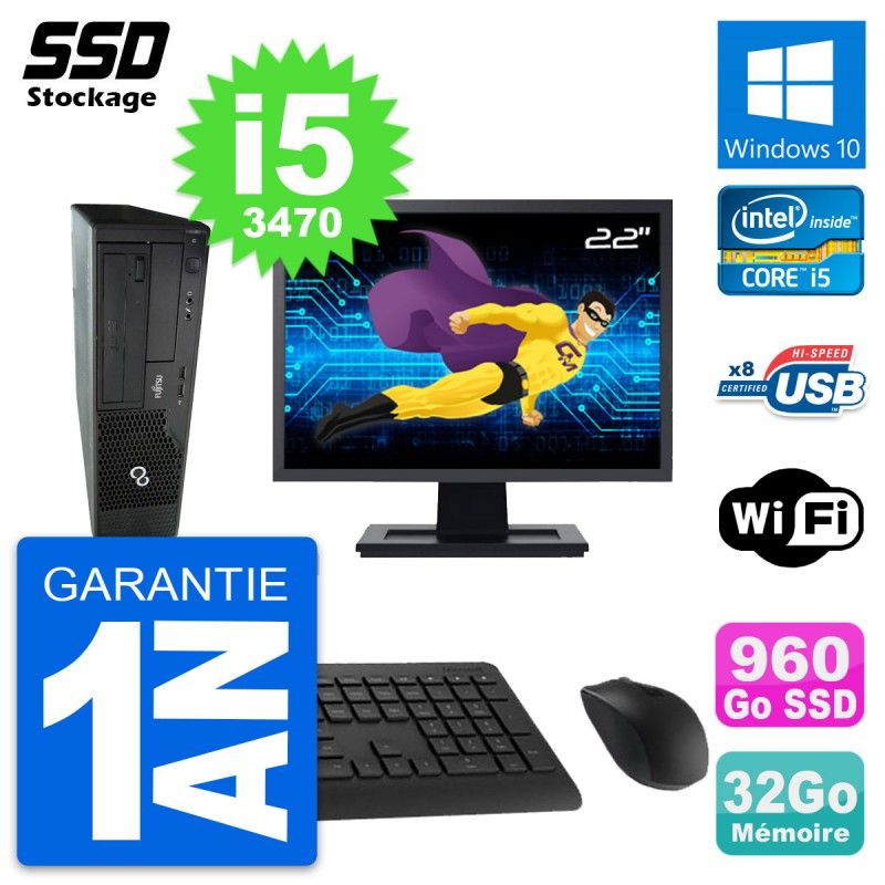 Fujitsu E510 DT 22-inch Screen, Intel i5-3470, 32GB RAM, 960GB SSD, Windows 10, Wifi