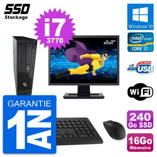 Computadora de escritorio Fujitsu E510 con pantalla de 22 pulgadas, procesador Intel i7-3770, 16GB de RAM, 240GB SSD, Windows 10 y WiFi