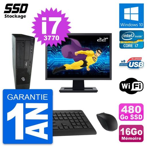 Fujitsu E510 DT 22-inch Display, Intel i7-3770, 16GB RAM, 480GB SSD, Windows 10, Wi-Fi
