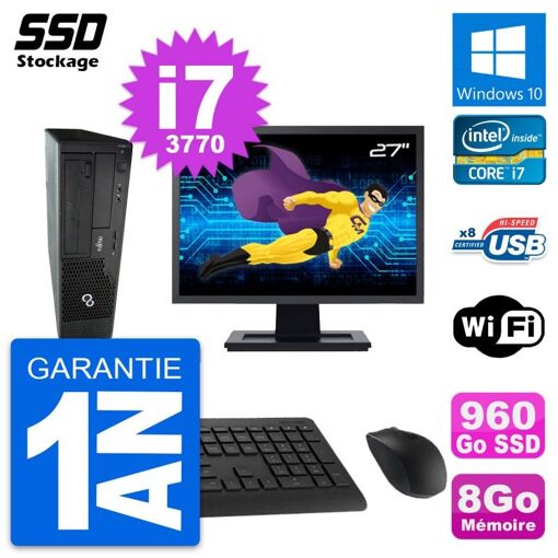 Fujitsu E510 DT 27-inch Display, Intel i7-3770, 8GB RAM, 960GB SSD, Windows 10, WiFi