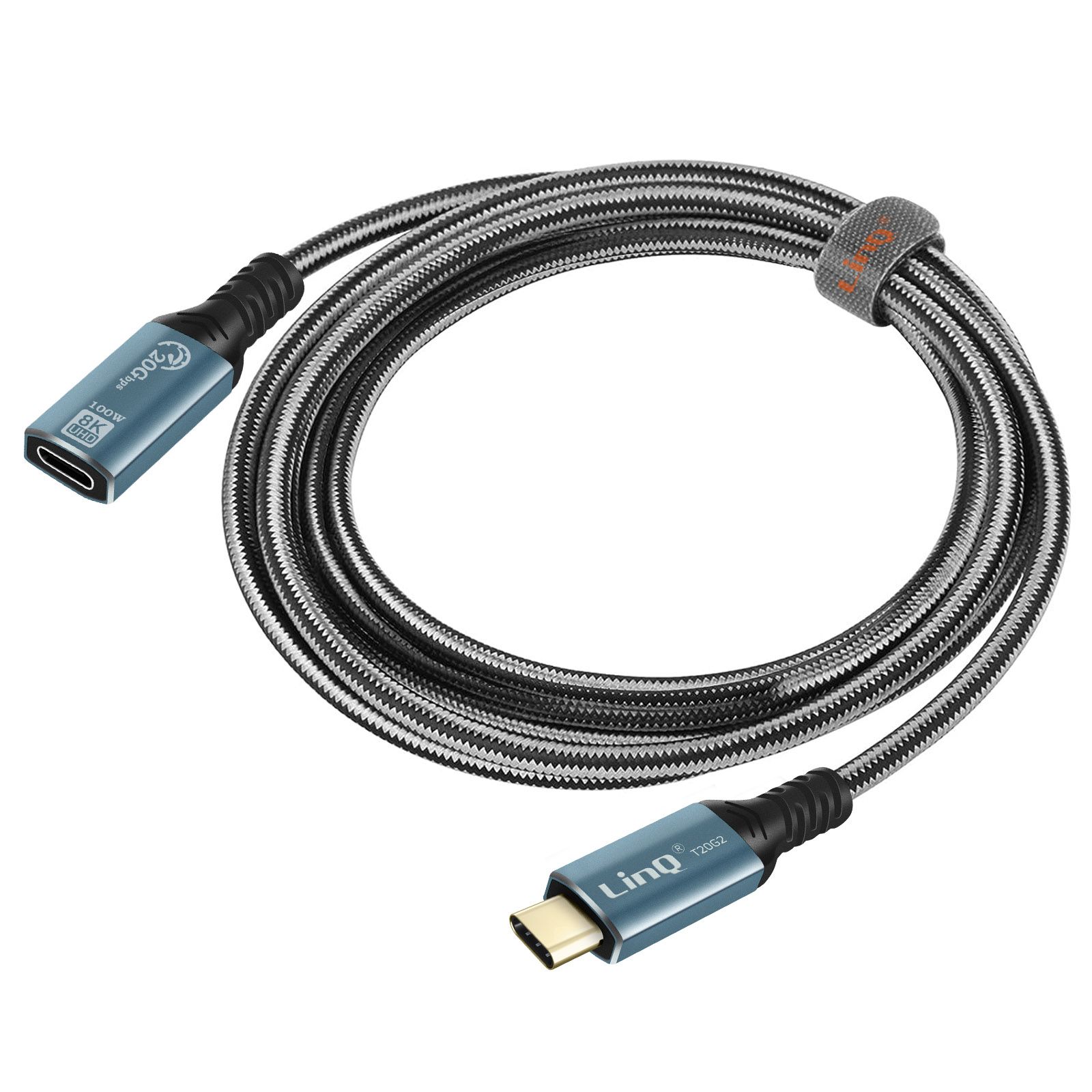 LinQ USB-C Extension Cable 100W Quick Charge, 20Gbps Transfer, 8K Video - Grey/Black 2m