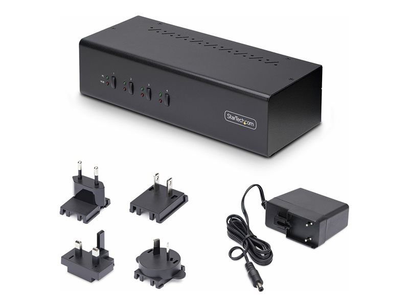 Conmutador KVM de 4 puertos StarTech.com con DisplayPort para 2 monitores, 4K 60 Hz - Compartir teclado, ratón y audio - 4 x KVM/audio/USB - 1 usuario local - Escritorio - Cumple con TAA