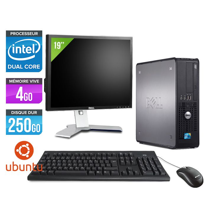 Ordinateur de bureau Dell Optiplex 380 SFF + Écran 19'' - Intel Celeron E3300 / 2,50 Ghz - 4 Go de RAM - Disque dur 250 Go - Lecteur DVD - Ethernet Gigabit - Linux - Ubuntu