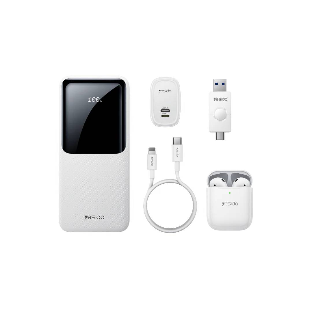 Kit Tech Yesido - Batería externa de 10.000 mAh, Auriculares, Cargador doble puerto, Cable reversible, Llavero USB 16 GB USB-C/USB-A