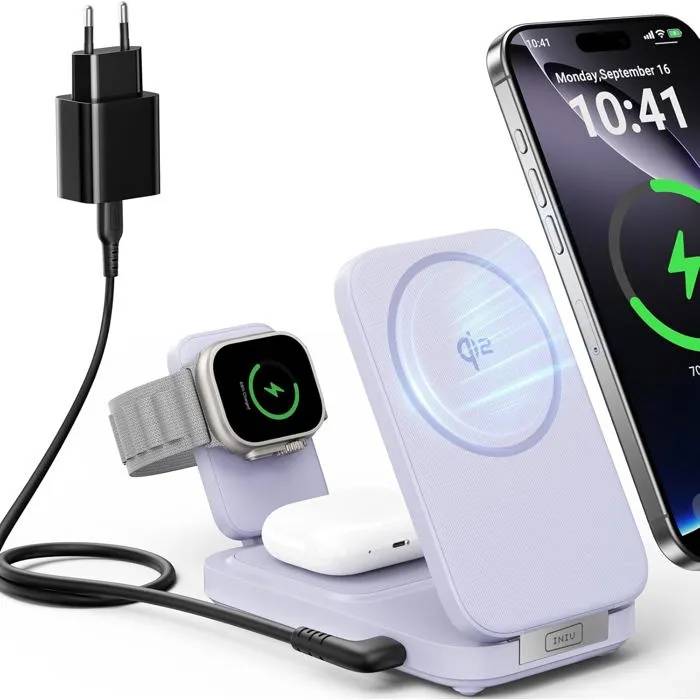 INIU 3-in-1 Wireless Charging Station, 15W Qi2 for Apple Watch, iPhone 16/15/14/13 Pro Max, AirPods Pro, Lilas