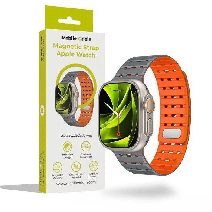Magnetic Bracelet Mobile Origin, Grey/Orange - Sizes: AW Ultra 2/1 (49mm), 9/8/7 (45mm), 6/SE/5/4 (44mm), 3/2/1 (42mm)