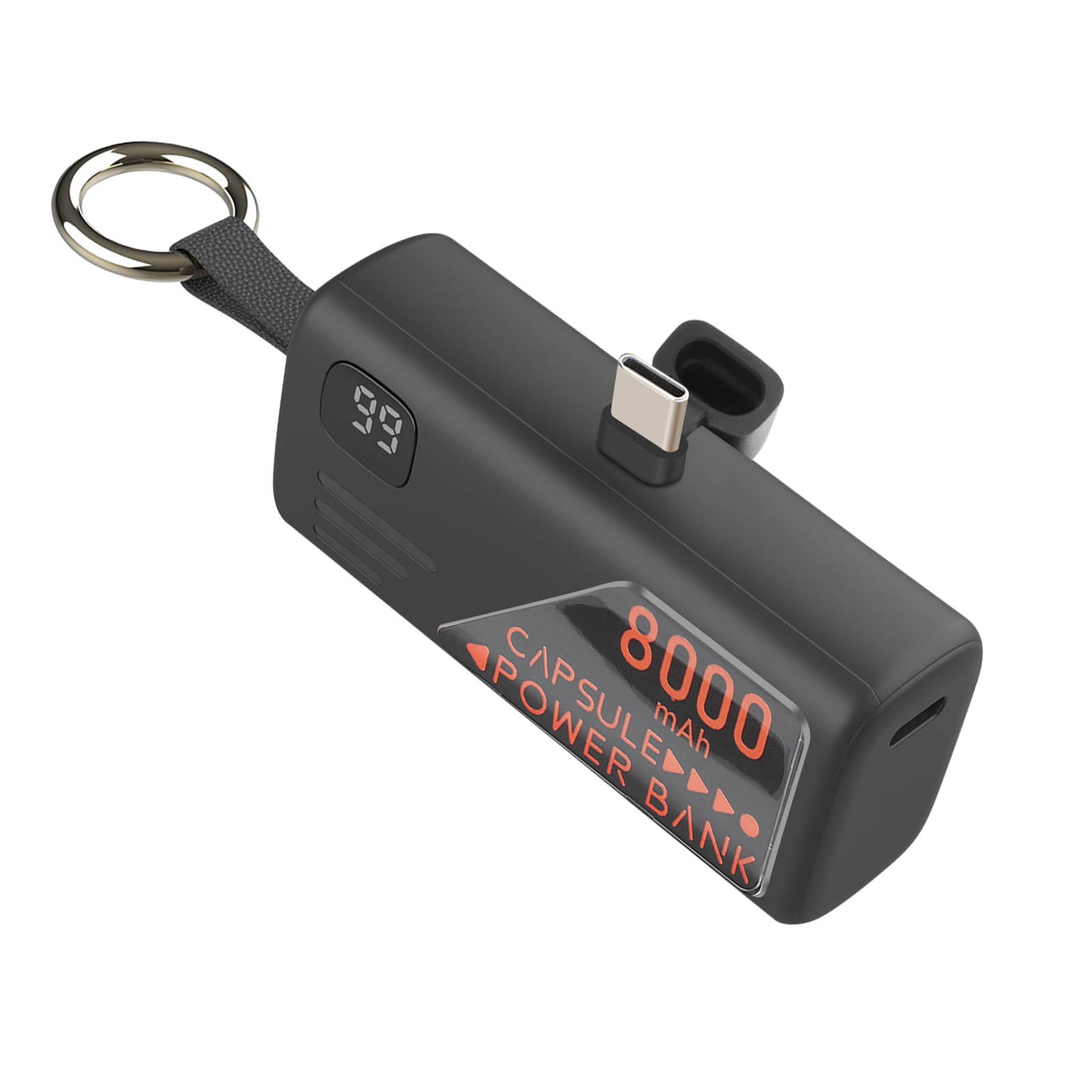 LinQ Mini Powerbank 8000mAh with USB-C Connector and Keychain Design - Black