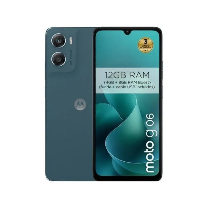 Moto G06 de Motorola, 4GB de RAM, 64GB de almacenamiento, pantalla de 6.88'' a 120Hz, dual SIM 4G, NFC, cámara de 50MP, resistente al agua IP64, Android 15, certificado PANTONE