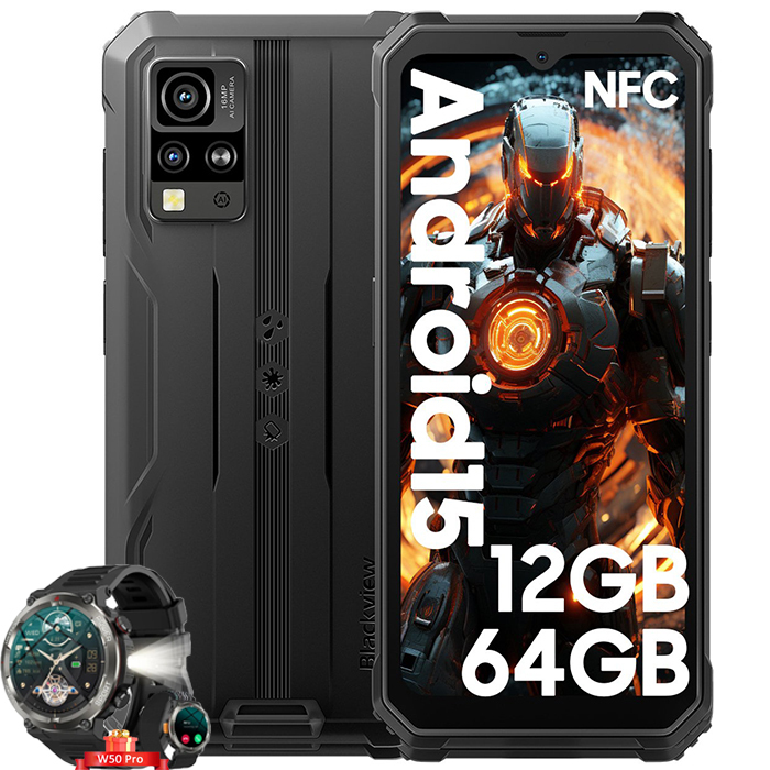 Blackview BV4800 SE Unbreakable Smartphone 6.56" 12GB+64GB 5100mAh Dual SIM Android 15 Black with Blackview W50 Pro Smartwatch