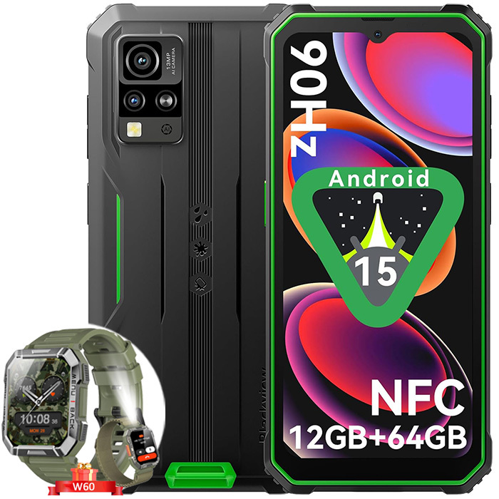 Blackview BV4800 SE Rugged Phone 6.56" Android 15 12GB+64GB 5100mAh Green with Blackview W60