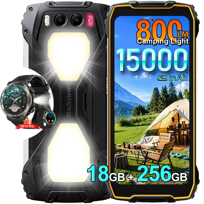 Blackview BV7300 Unbreakable Smartphone - 6.67" 256GB 50MP 15000mAh Battery with Blackview W50 Pro Smartwatch