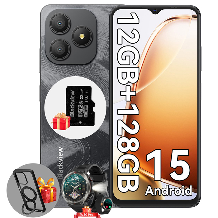 Blackview WAVE 9C - 6.56" Phone, 12GB+128GB, 13MP+8MP Cameras, 5000mAh Battery, Face ID, Android 15