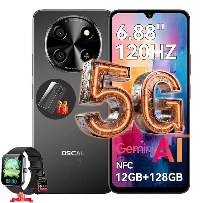 Oscal Tiger 8 5G Unlocked Smartphone, 6.88-inch, 12GB+128GB/2TB SD, 5000mAh, Android 15 NFC Dual SIM, Black