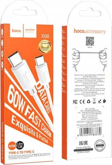 Cable HOCO x88 Tipo-C a Lightning de 1 metro y 60W para iPhone, Blanco