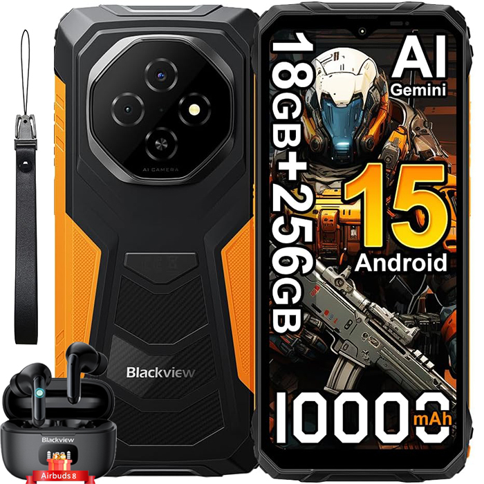 Blackview FORT 1 - Unbreakable Smartphone - 6.56" HD+ Display, 18GB RAM + 256GB ROM, 10,000mAh Battery, Android 15, NFC, Orange