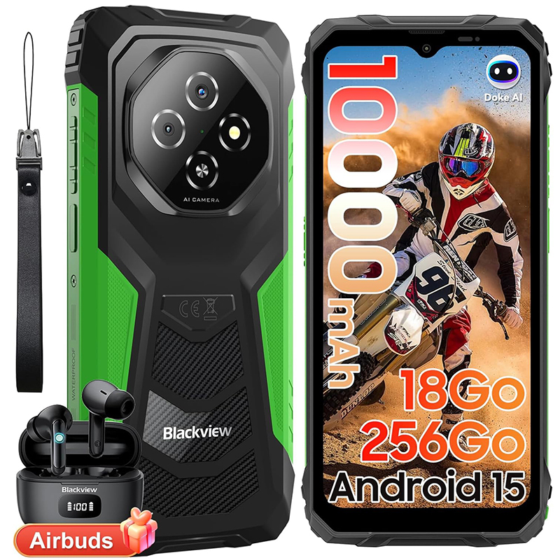 Blackview FORT 1 - Unbreakable Smartphone, 6.56" HD+ Screen, 18GB+256GB, 10,000mAh Battery, Android 15, NFC, Green