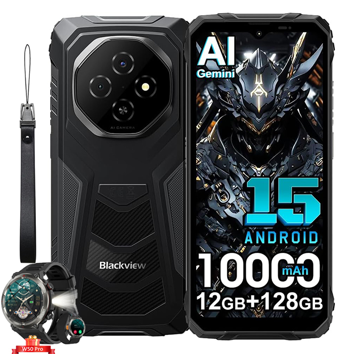 Blackview FORT 1 - Rugged Smartphone with Unbreakable Design, 6.56" HD+ Display, 12GB RAM, 128GB Storage, 10000mAh Battery, Android 15, NFC, Smart W50 Pro Watch, Black