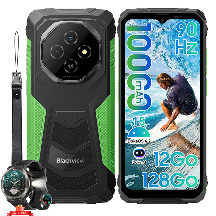 Blackview FORT 1 - Rugged Smartphone, Incasable, 6.56" HD+ Display, 12GB RAM, 128GB ROM, 10000mAh Battery, Android 15, NFC, W50pro Smart Watch, 18W Fast Charge