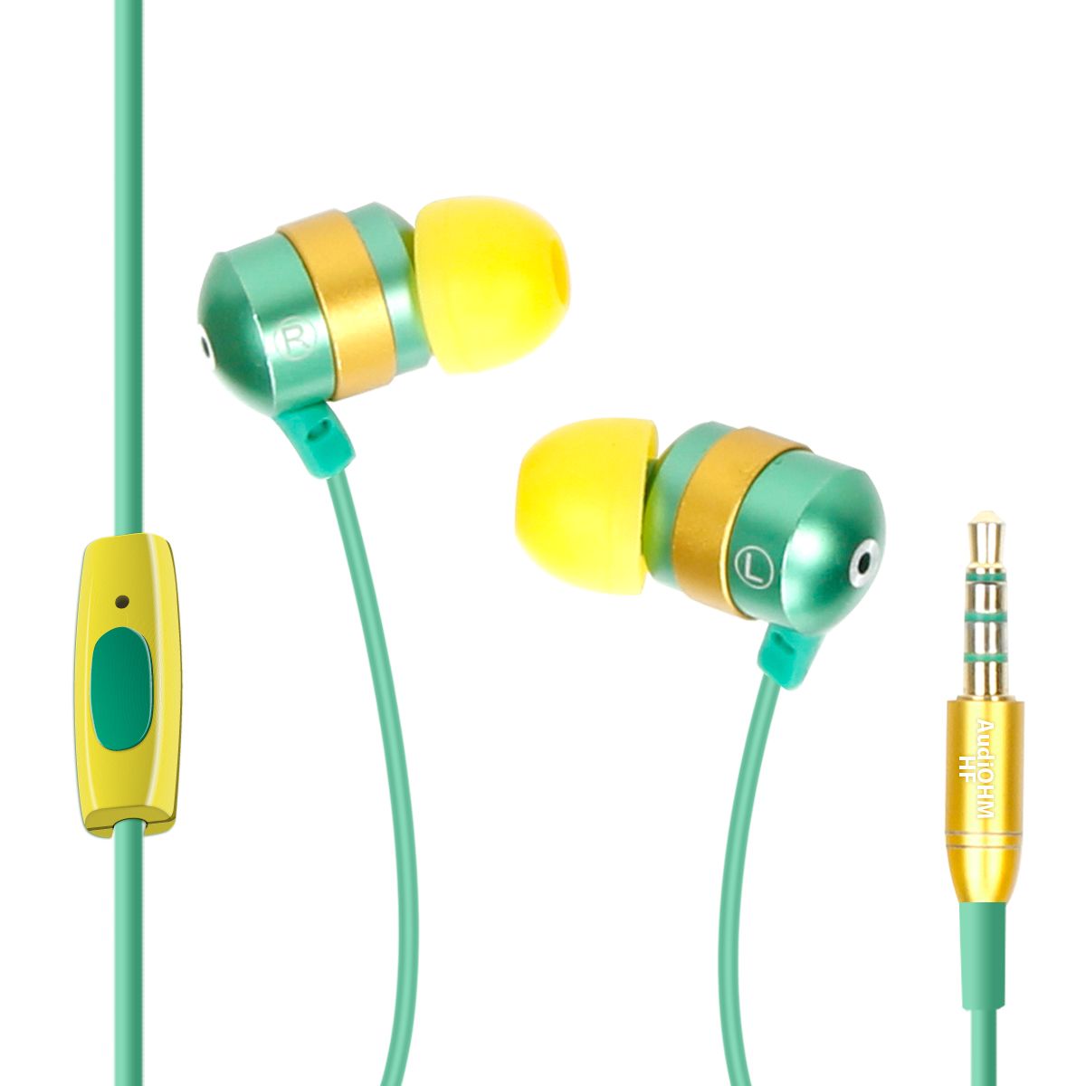 Écouteurs intra-auriculaires Accessory Power AudiOHM HF - Jaune-Vert, Casque sans fil avec micro intégré